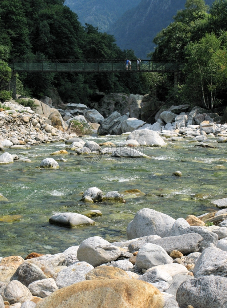 景观户外孤独瑞士南部Verzasca山谷的吊桥图片