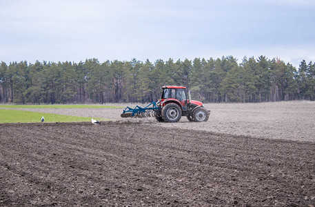 拖拉机上的农民用中耕机整地在农田播种早春的农业活动在田上播种环境耙犁过图片