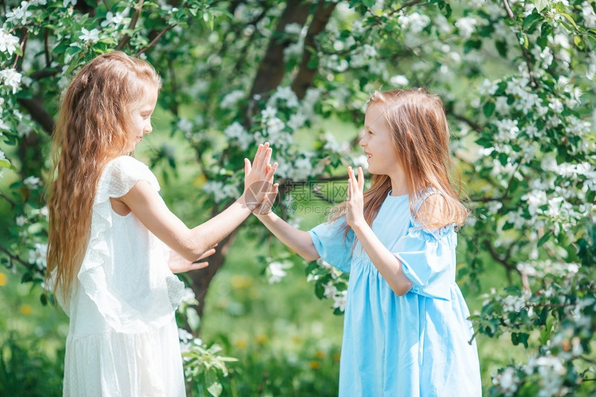 童年景观春日的可爱小女孩在春日的盛开苹果树花园里和美丽的小女孩一起玩耍春日的美丽小女孩快乐图片