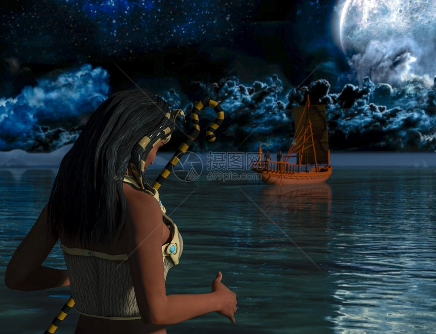 男人一位历史悠久的埃及妇女观看一艘古埃及船3d渲染一位历史悠久的埃及妇女观看一艘古埃及船肌肉发达天空图片