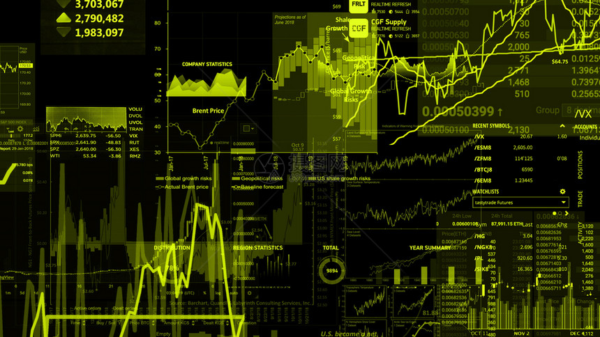 渲染电子的脑显示趋势和股票市场波动的电子虚拟平台显示趋势与股票市场波动的电子虚拟平台展示股价指数在虚拟空间的3D状况图片