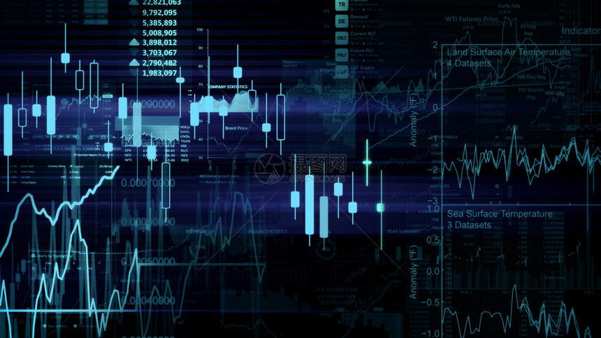 数字的成功会计显示趋势和股票市场波动的电子虚拟平台显示趋势与股票市场波动的电子虚拟平台展示股价指数在虚拟空间的3D状况图片