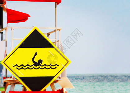 水店招牌素材淹蓝色的海滨黄危险信号显示在狂海波浪中溺水游泳的潜员背景