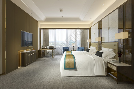 桌子采取3d提供豪华卧室套房在度假胜地高楼酒店配有双床的灯图片