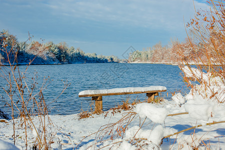 白色的分支机构前景为树店的观冬季河流和树枝上覆盖着白霜风景图片