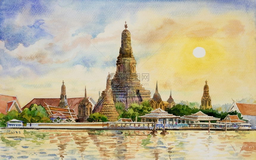 游客水彩色绘画在建筑和河流的景观上各有多彩的建筑和河流观景中Hand绘制了泰国最著名的地标伟大插图一建造全景图片