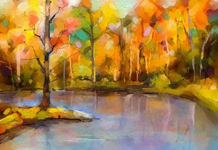 艺术刷子手半抽象的森林图黄红叶和秋季自然背景画的印刷师户外风景背景图片