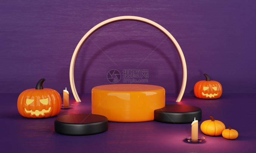 黑暗的平台派对万日橙色和紫南瓜产品讲台舞和奇幻烛光用于空旷广告背景假日和季节概念以及有趣的主题3D插图图片