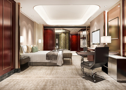 公寓采取床3d提供红色豪华卧室套房在度假胜地高楼酒店和工作桌图片