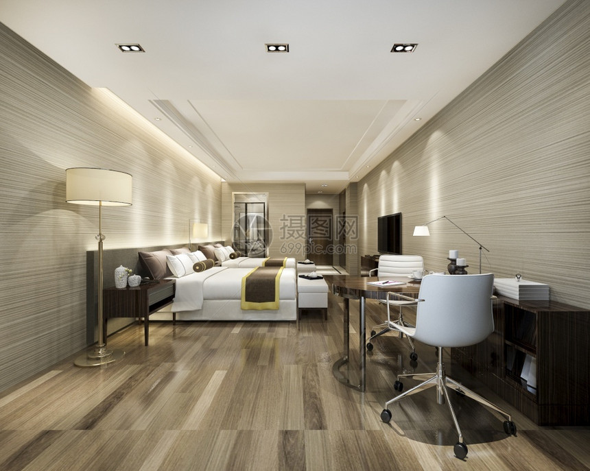 建筑学房间沙发3d提供豪华卧室套房在度假胜地高楼酒店配有双床的图片