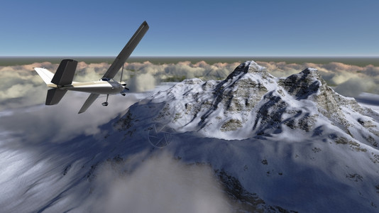 阿尔卑斯山冰冷的白色客机以3D软件在山上蓝天飞行的白色客机旅制作高山设计图片