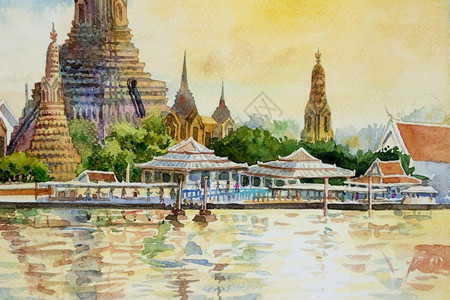 曼谷寺庙人们天线水彩色绘画在建筑和河流风景的色彩多建筑和河流观中绘制图例古老风格最著名的泰尔柯斯地标Thairrquos亚洲人插画