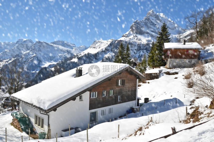 冬季雪地里的木屋图片