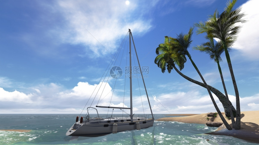 松弛水以3D软件制作的游艇热带风景和马尔代夫图片