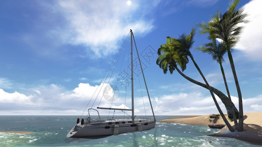 塞舌尔松弛水以3D软件制作的游艇热带风景和马尔代夫设计图片