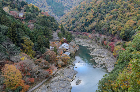 保津川旅行日本京都浅山和川河的秋色风景震撼日本京都秋天农村背景