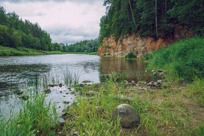 旅游城市塞西拉脱维亚红岩高贾自然河和绿树夏季朱尔2019年7月5日旅行云图片
