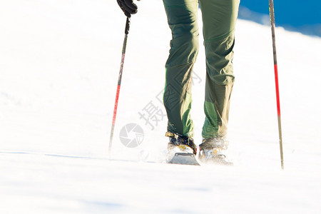 美丽冬季山丘下雪的环境中登山者旅行游图片