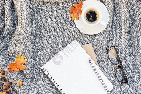 杯子VI样板喝温暖的叶子由笔记本咖啡杯制作用于女博客社交媒体的FallFall季节样板校对PortnoyBroomWorkform背景