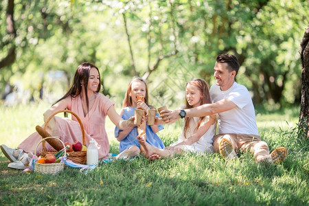 女士晴天牛角包在公园野餐的年轻家庭快乐在阳光明媚的一天在公园野餐图片