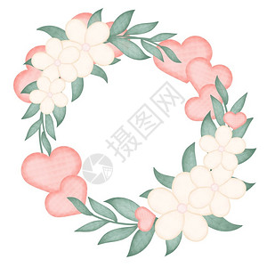 粉色花圈用粉红心圆花形板朵用叶子树枝条纹水彩色植物装饰模板用于贺卡礼或邀请函带粉红心的花样板装饰时尚品设计图片