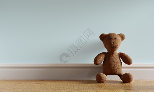 童年蓬松的展示棕色可爱泰迪熊玩具仰赖蓝绿色糊面背景和木地板儿童玩耍和新生婴儿房间概念3D插图D显示形设计背景图片