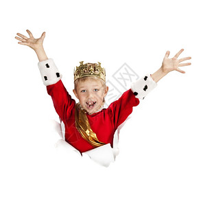 万圣节快乐的小国王从报纸上看出来举起微笑毛皮图片