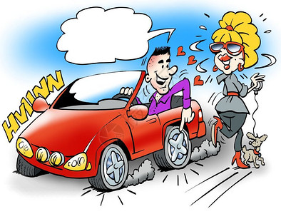 一个人和一辆面包车卡通插画一个聪明人在他的运动车里向这位年轻女士展示了汽车上崭新的轮驾驶面包乐趣插画