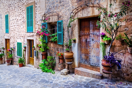 狭窄的路浪漫带旧门窗美丽鲜花小街地中海文化与传统村落82图片