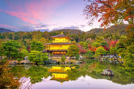 池塘日落时本京都九二寺金殿的秋天观旅游文化图片