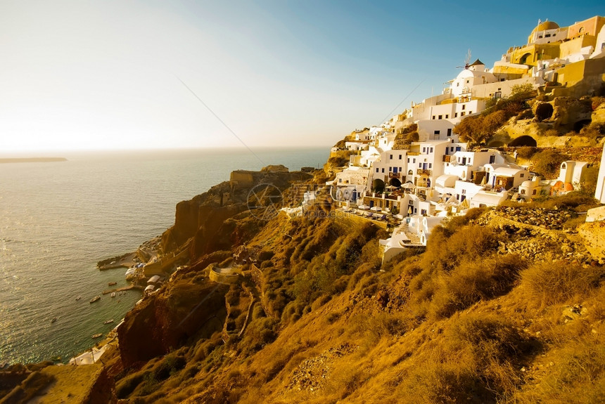 OiaSantorini希腊以浪漫和美丽的日落闻名希腊语蓝色的传统图片