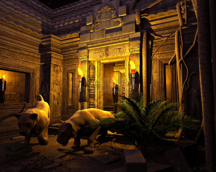 一座古老幻想寺庙的守护狮子3D铸造夜间一座古老幻想寺庙的守护狮子夜晚老的建造图片