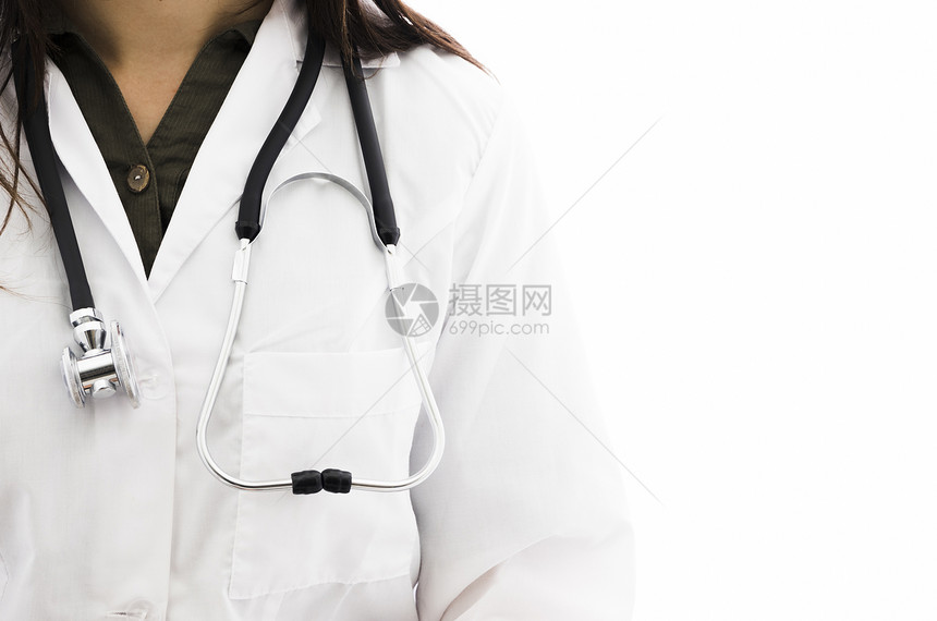 白色背景下脖子上挂着听诊器的女医生白色背景下脖子上挂着听诊器的美女照片装扮诊所患病的图片