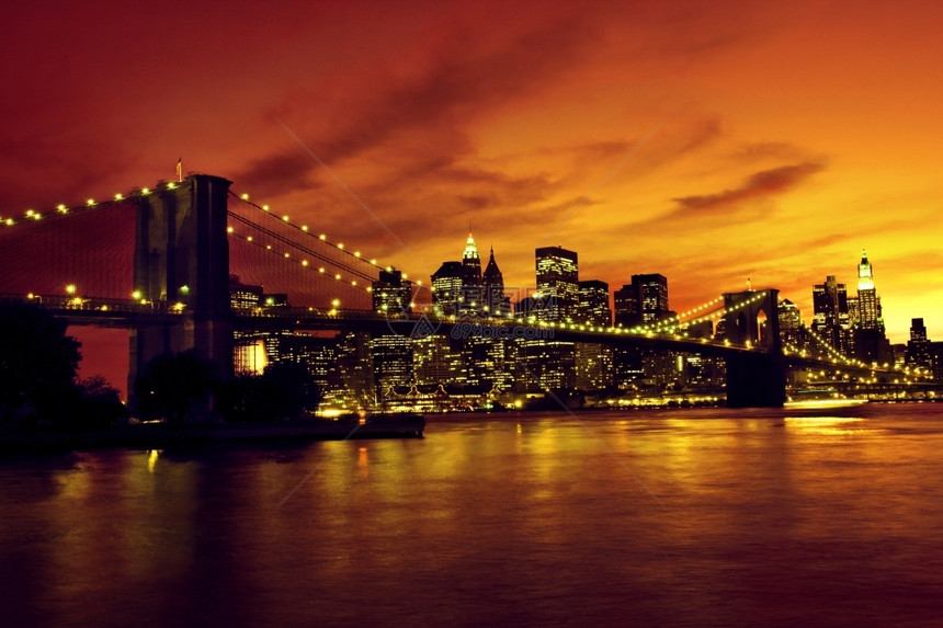 帝国旅游风景优美布鲁克林桥和曼哈顿的日落纽约喜悦语调图片