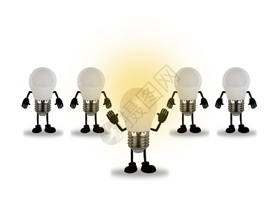 沟通象征5个灯泡的图像安装在1个管子里有黄色灯光所人都是白色背景品牌图片