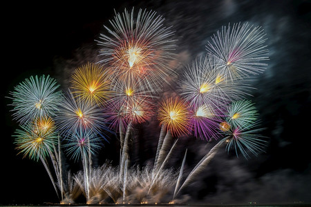 发光的烟花海上大船多彩火花庆典祝概念掌声校对Portnoy圣诞节图片