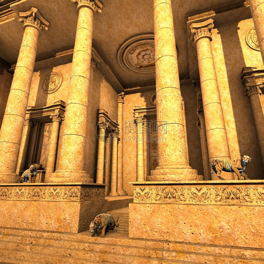 一个古老幻想神庙的守护虎3D铸造一个古老幻想神庙的守护虎黄色肉食动物建造图片