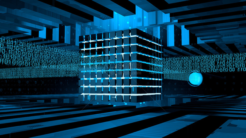 沟通由金属结构内以蓝光照亮的立方体组成计算机核心接收4面3D电线产生的二进制信息线插图说明经过颜色图片