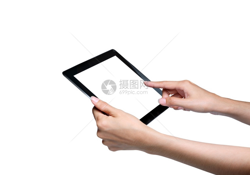 女手触摸平板电脑上的屏幕在蓝紫背景上带有图标技术未来派联系图片