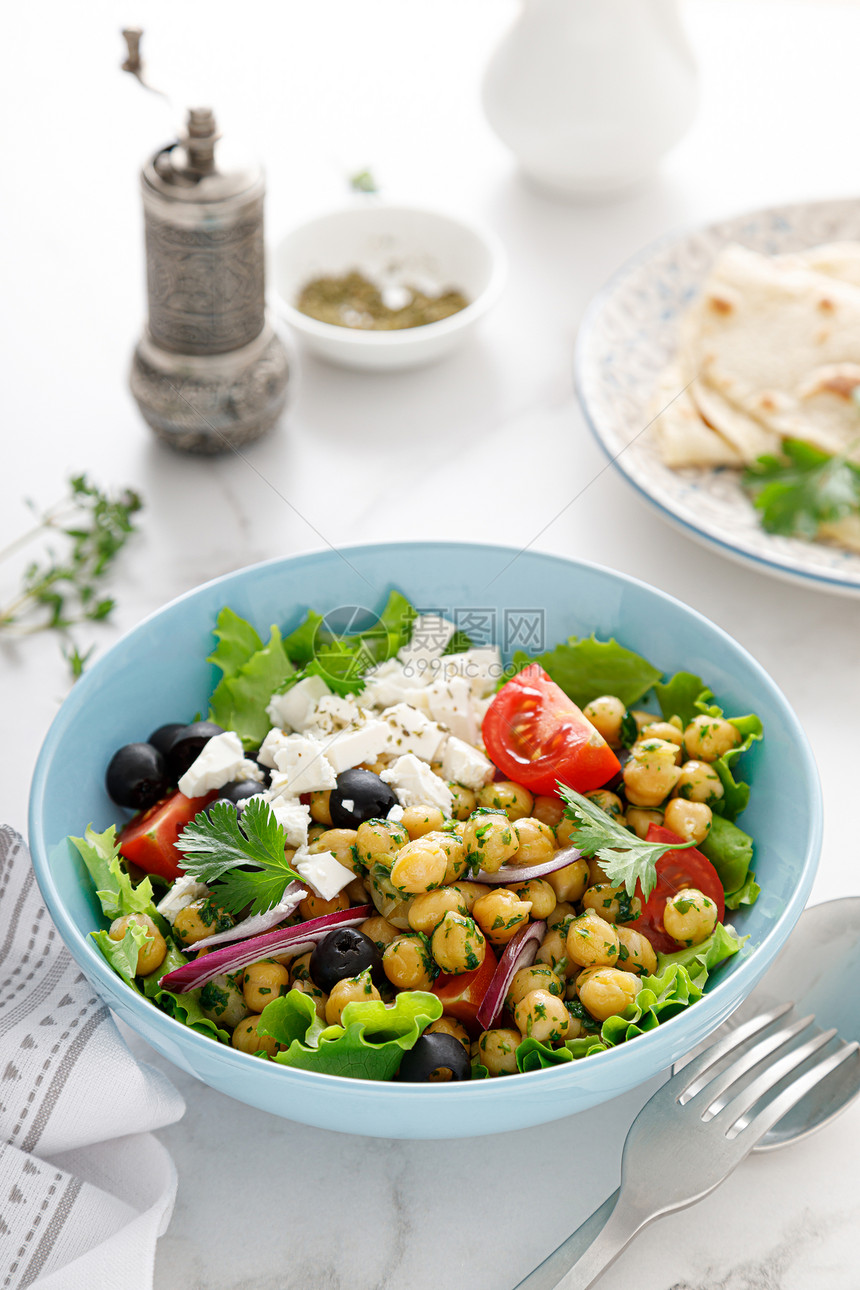 盘子自然正面地中海希腊沙拉和鸡皮配有新鲜蔬菜和乳酪图片