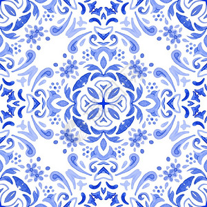 白色丝花蓝色达马斯克无缝图案印地戈复兴史提瓷砖装饰品皇家蓝色抽象纤维素背景葡萄牙陶瓷砖启发了文摘蓝色和白手绘画的瓦片无丝不动的抽象纹理插画