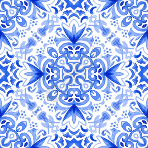 蓝手和白摘要绘制瓷砖无缝装饰水彩色油漆图案GorgeousDamaask背景壁纸和填页的优美奢侈品纹理抽象的花模版图片