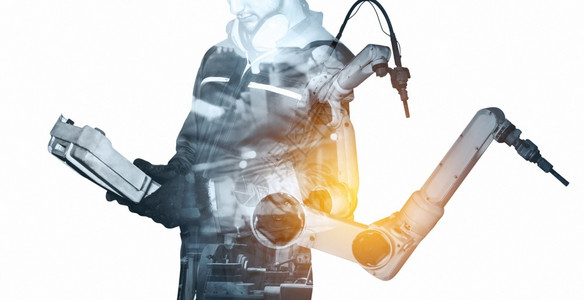制造业软件智力机械化工业器人手臂和工厂双曝光业革命和自动化制造过程的机器人技术概念械化工业器人手臂和工厂双曝光图片