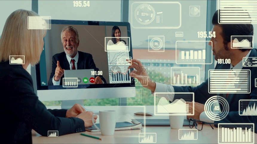 企业员工视频电话会议中商务人士的创意视觉营销数据分析和投资决策制定的数字技术概念企业员工视频电话会议中商务人士的创意视觉系统生长图片