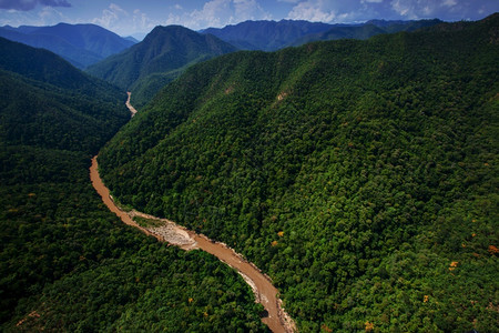 东南范围天篷Teak森林以及泰国和缅甸边境附近一条河流的空中巡视图片