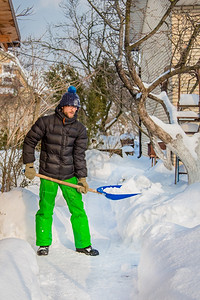 大雪后铲雪的男人背景图片