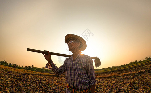 亚洲年长的农民铲土为作准备在日落背景下耕种园艺自然工作背景图片