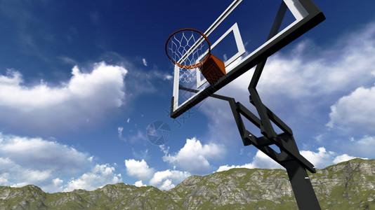 目标以3D软件制成的蓝天空街头篮球板初级蓝色的背景图片