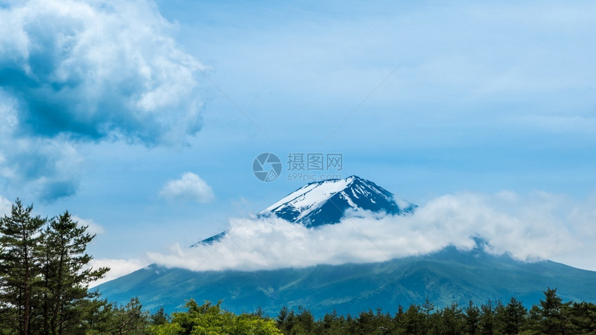 场景绿色清新林与美丽的风景日本Yamanashi山上下着雪蓝色天空火山图片