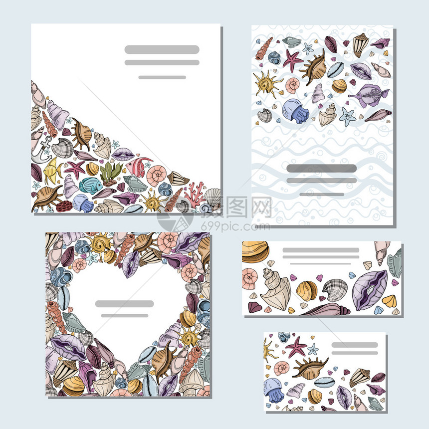 一套独特的明信片印有贝壳的名片海洋动物印刷彩色手绘矢量插画板套装的纸牌版样板收藏礁食物图片